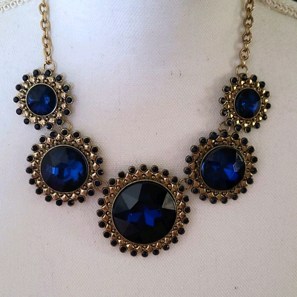 NAVY Blue Stone & Gold Accents Statement Necklace
